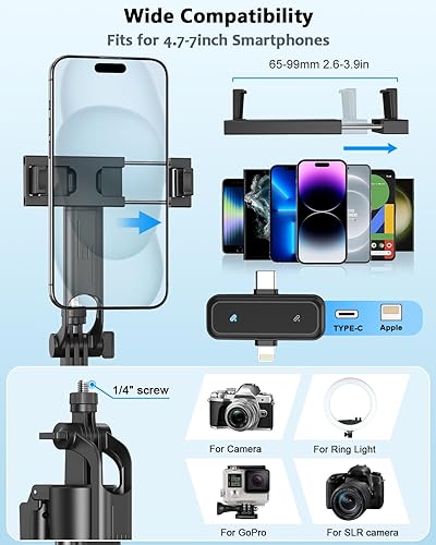 Miniatura 6 de Kit de vlogging para iPhone/Android, trípode de seguimiento facial automático de 63" para iPhone con luz, micrófonos inalámbricos, control remoto