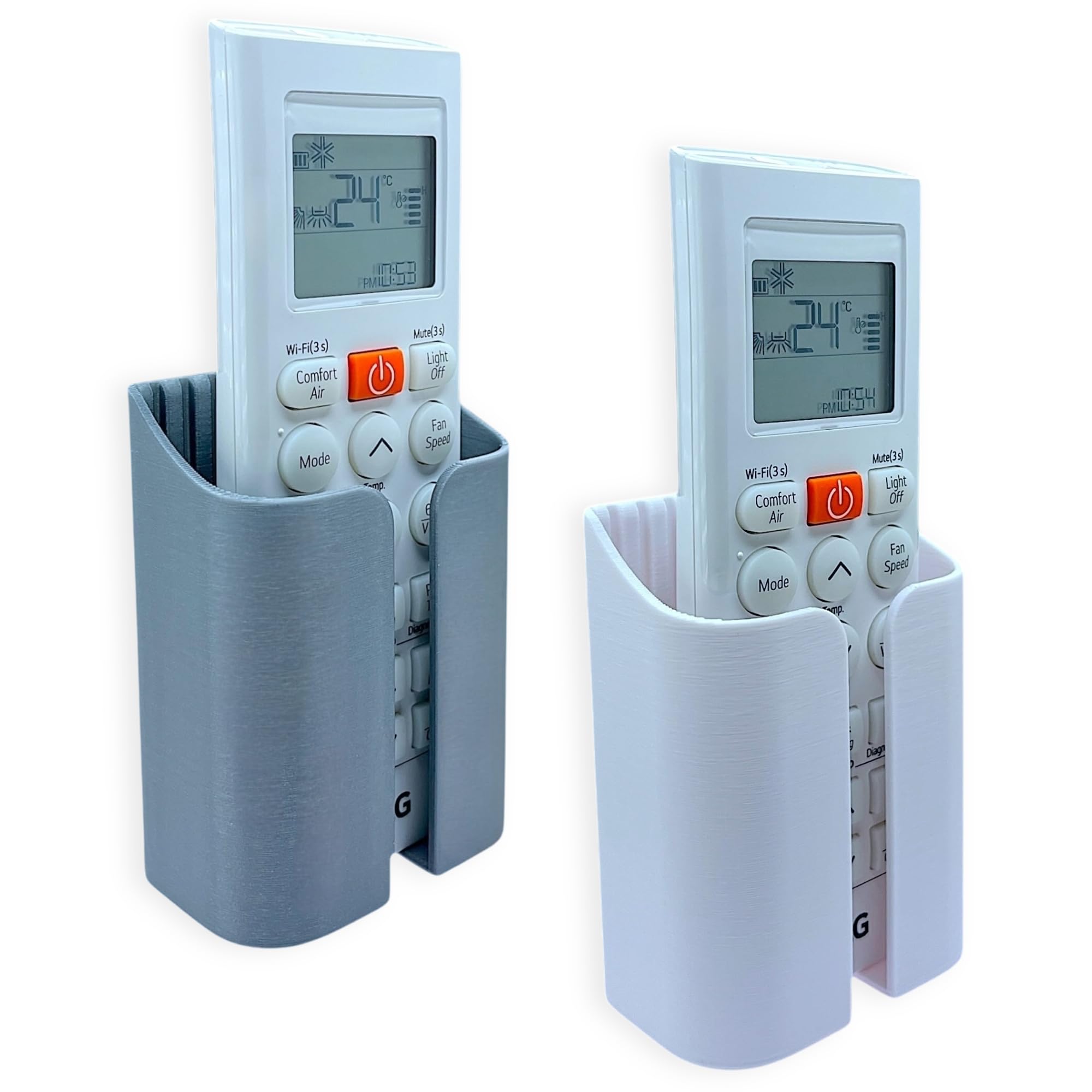 SRS® Premium Wall Mounted AC Remote Holder Stand Organiser | Compatible with All AC Remotes | Strong Stick-On Adhesive | Luxury ABS Finish | Includes Surface Cleaning Wipes (Silver, White, Pack Of 2)