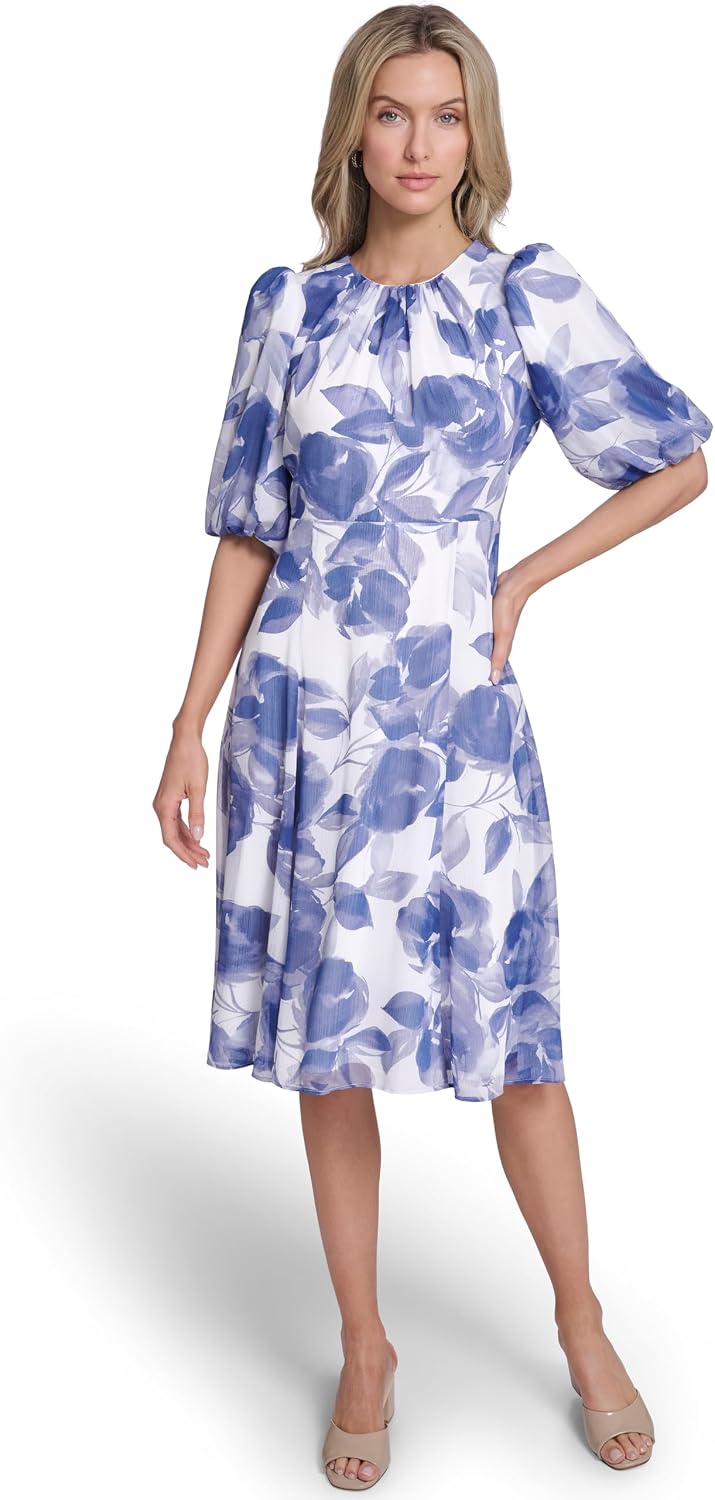 Calvin Klein Puff Sleeve Chiffon Midi