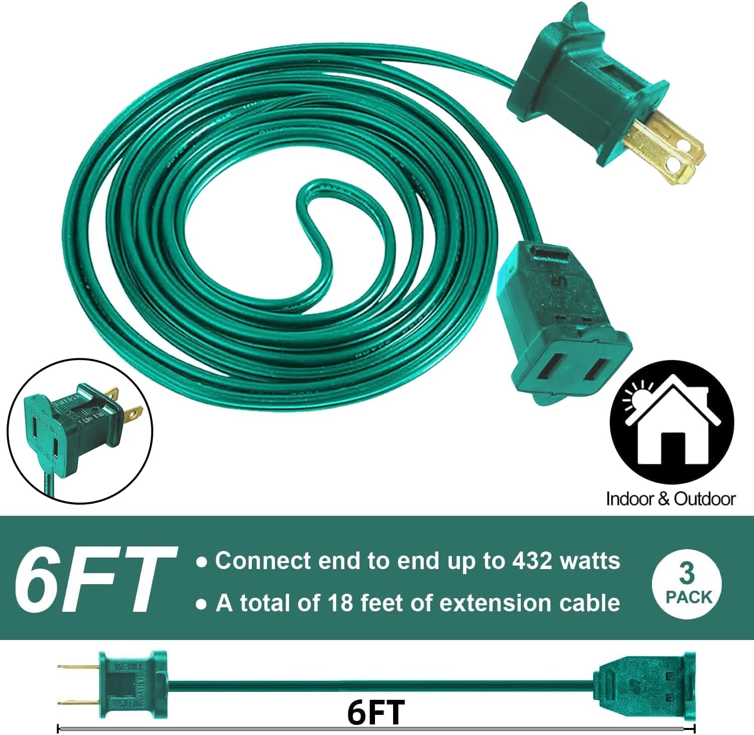 3 Pack 6 FT Polarized Extension Cord, US AC 2-Prong Green Male/Female Outlet 20AWG Saver Power Extension Cord Cable for Halloween Christmas Decorations Lights Connection, 125V Max.5A(432 Watts)