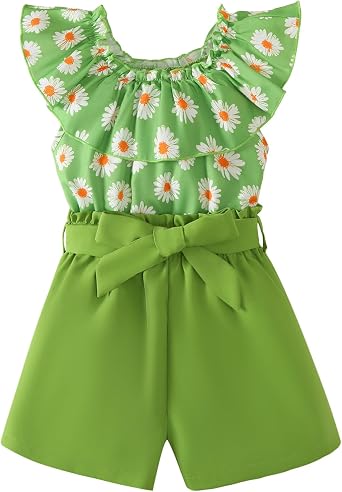 YOURUIKEY Girls Summer Clothes 2 Pieces Outfits for Cute Girls Size 7-14 Hawaiian Ruffle Top and Floral Belt Shorts Set