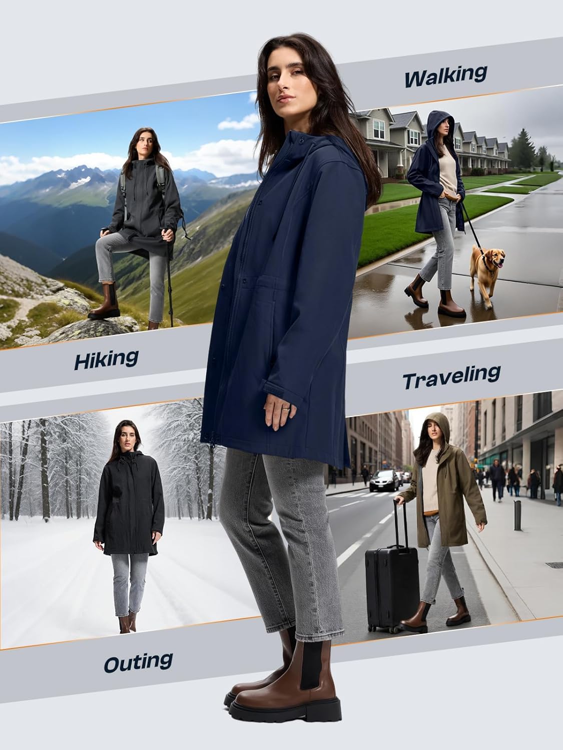 SaphiRose Women's Waterproof Rain Jacket with Fleece Lining Hooded Windbreaker Long Warm Outdoor Softshell Coat