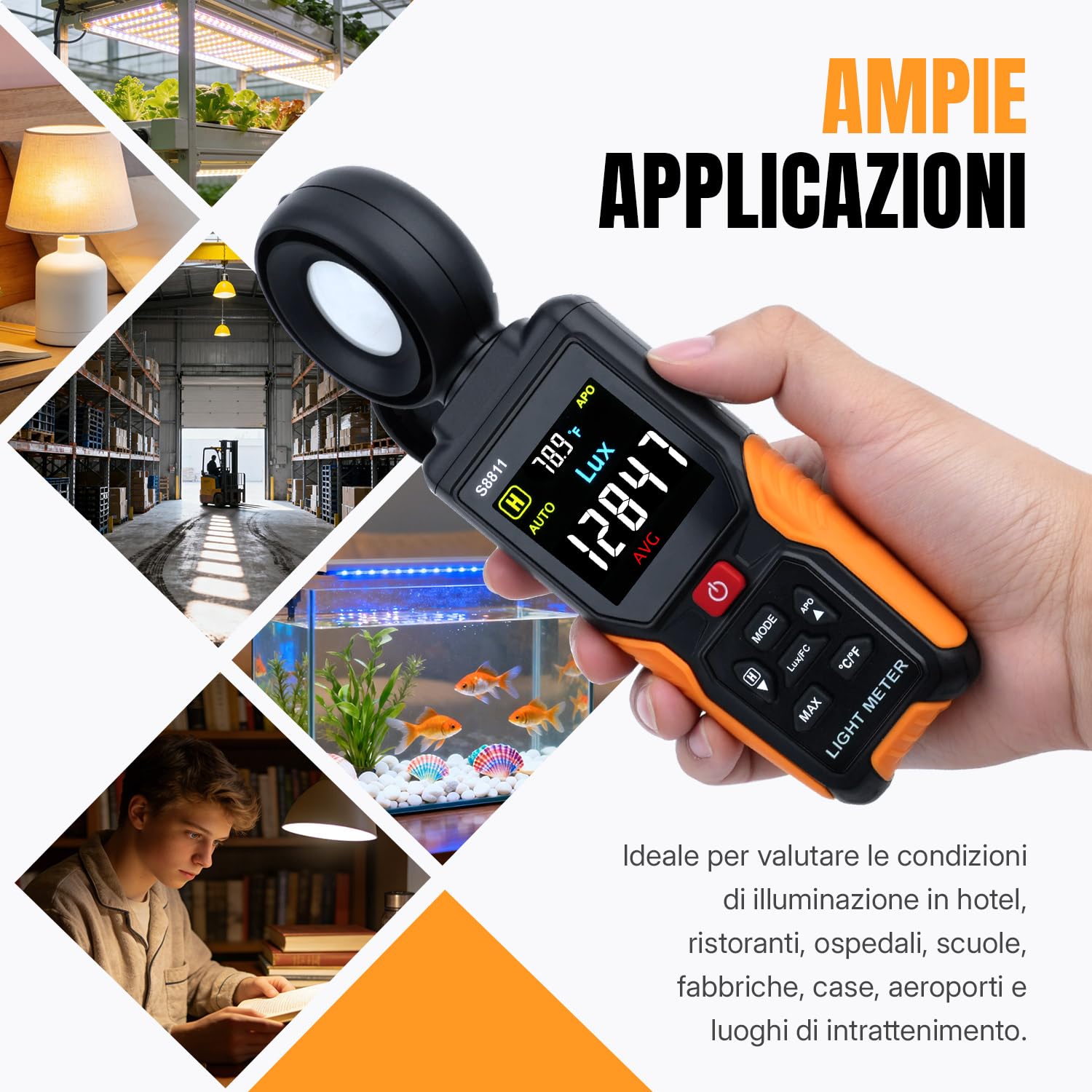Mcbazel Misuratore di Luce Digitale, Lux/FC 200.000 Misuratore di Illuminazione ad Alta Precisione con Sensore Ruotabile a 270° e Display a Colori HD con Temperatura Ambiente per Piante, Fotografia