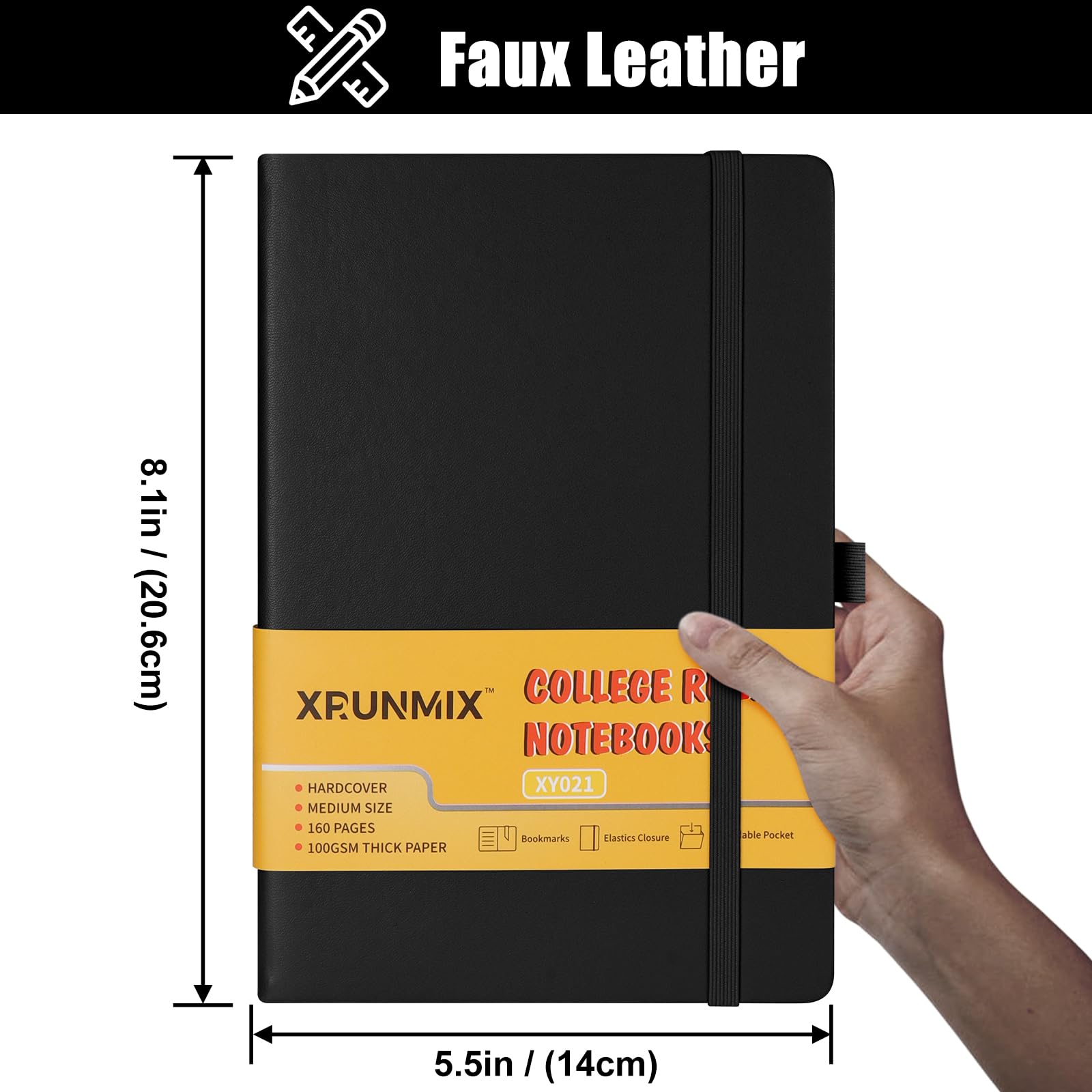 Xrunmix Quaderni a righe, 160 pagine, per Workig, medio, 14,5 x 20,3 cm, carta spessa 100 g/m², diari con copertina rigida (6, nero)