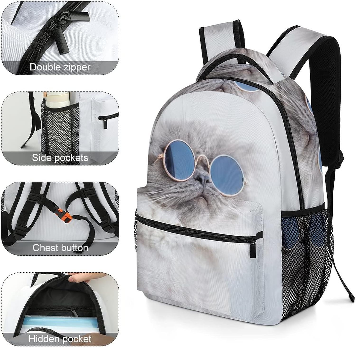 Teens Casual Daypack Kids School Backpack Printed Daily Bag for Travel Hiking Cat Sunglasses