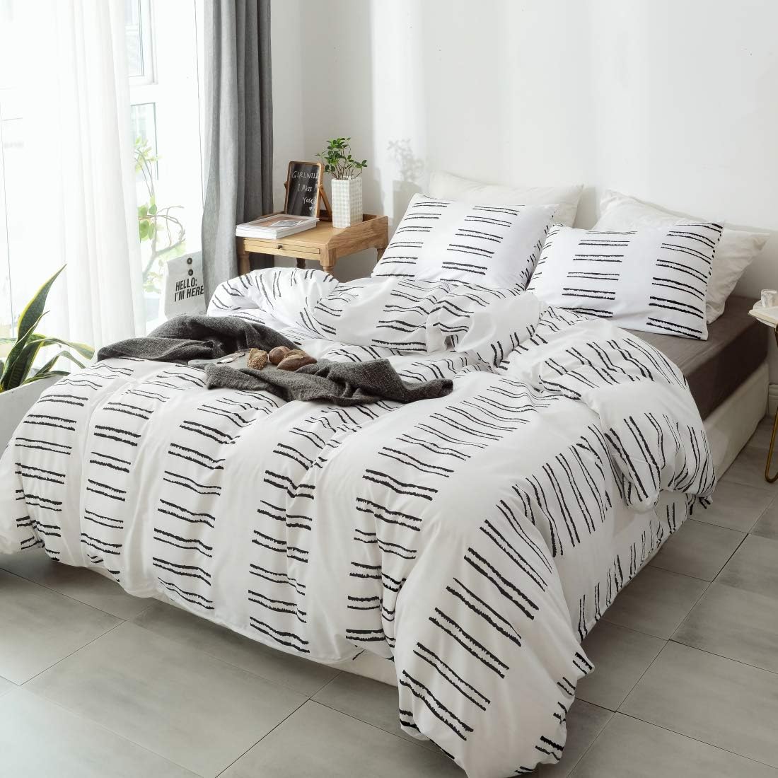 JANZAA 3 PCs White Duvet Cover Set, Microfiber Soft Stripe Duvet Cover Queen with Pillow Cases (White, Queen)