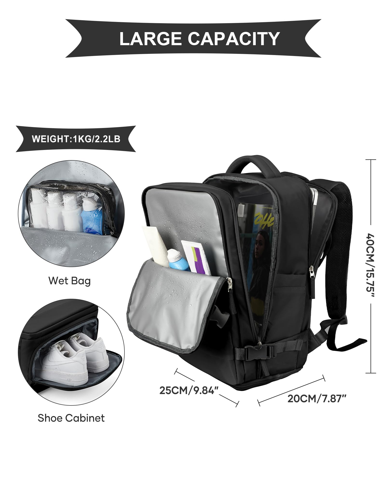 SZLX Zaino Ryanair 40x30x20 Sottovuoto con Pompa Zaino Ryanair 40x20x25 Donna Zaino da Viaggio Wizzair Bagaglio a Mano Uomo per Laptop da 14 Pollici Borse da Cabina 45x36x20 Easyjet con Porta Scarpe