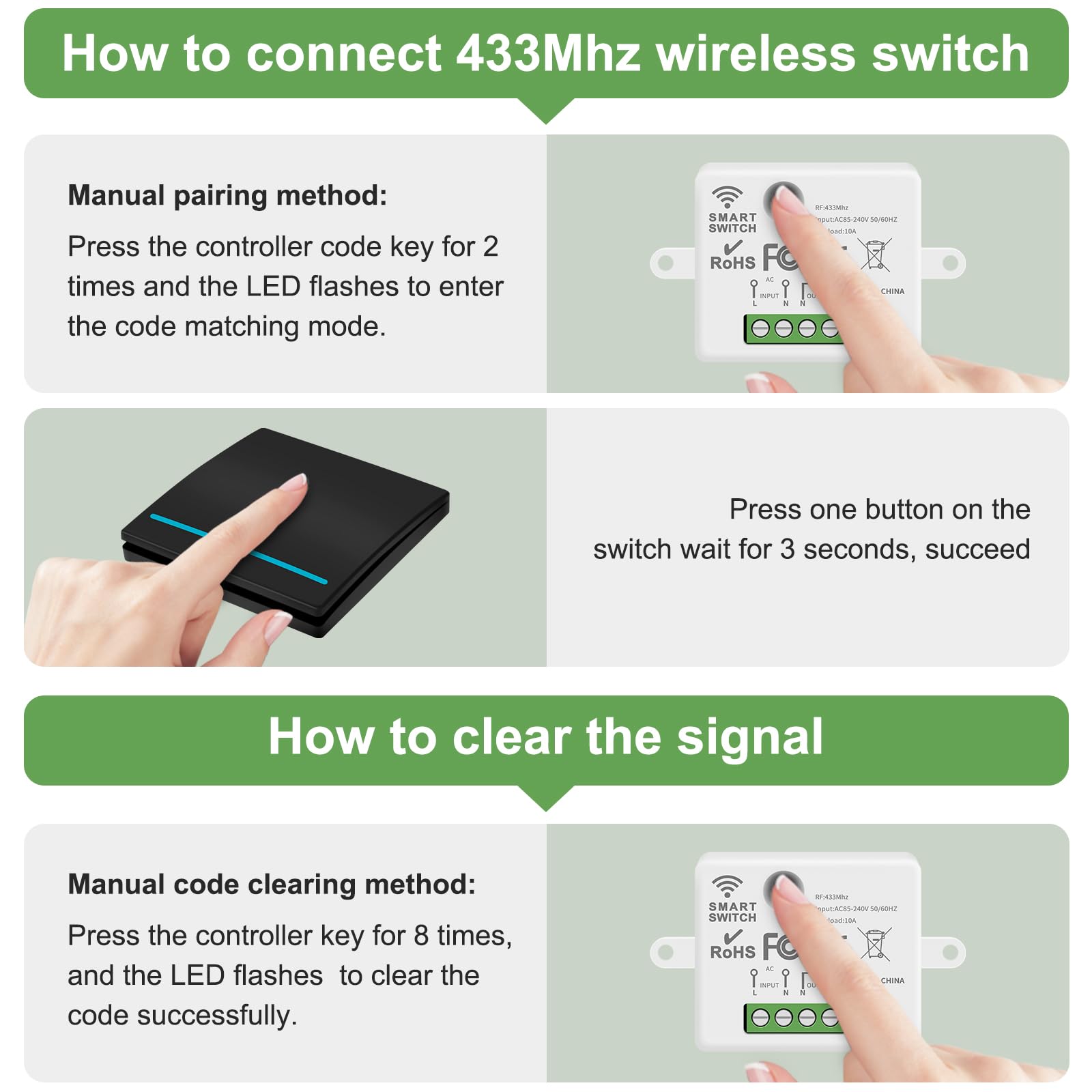 Zestaw bezprzewodowego włącznika światła, kontroler RF 433MHZ | Zdalny włącznik światła 240 V, bez okablowania za pomocą pilota, czarny