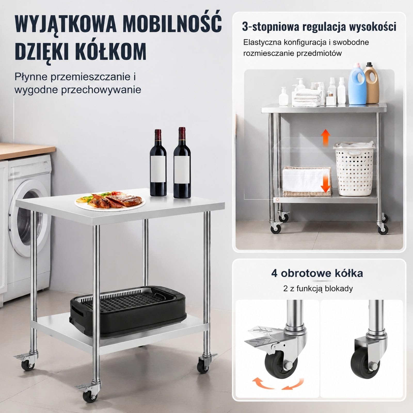 Stół roboczy ze stali nierdzewnej z kółkami i dolną półką do kuchni i restauracji