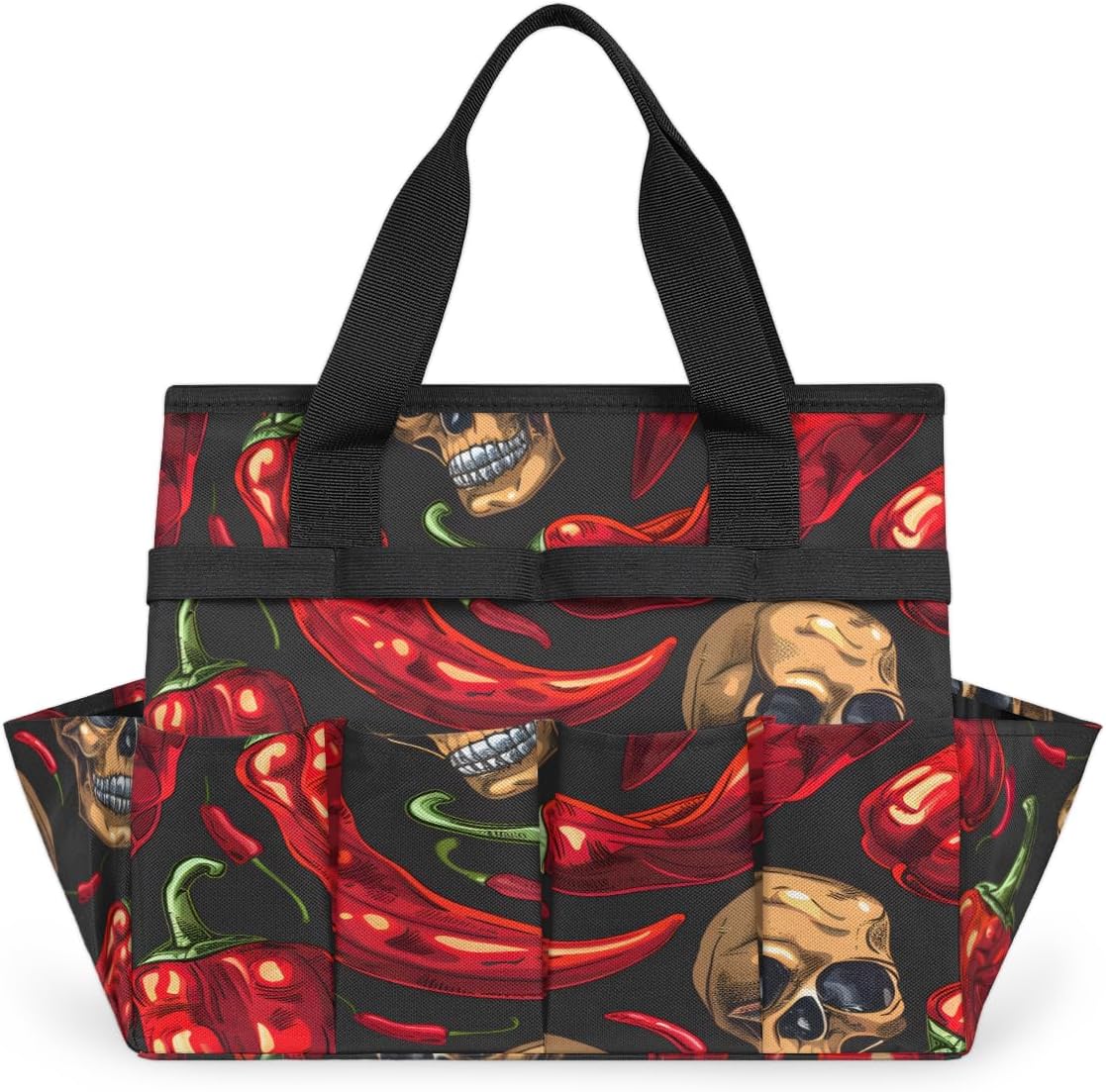 Skull Garden Tool Bag Organizer Heavy Duty Chilli Pepper Gardening Tote Bag with 10 Pockets for Women Men Gardening Gifts