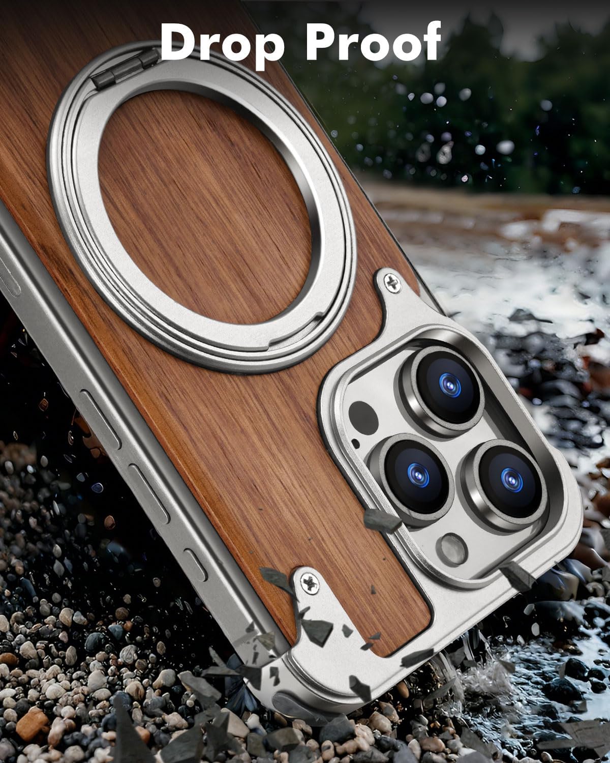 OATSBASF Magnetic Wood Case Compatible with iPhone 15 Pro, [Natural Wood & Aluminum] Shockproof Protective Cover Unique Wooden Case with 360° Ring Stand, Natural Titanium