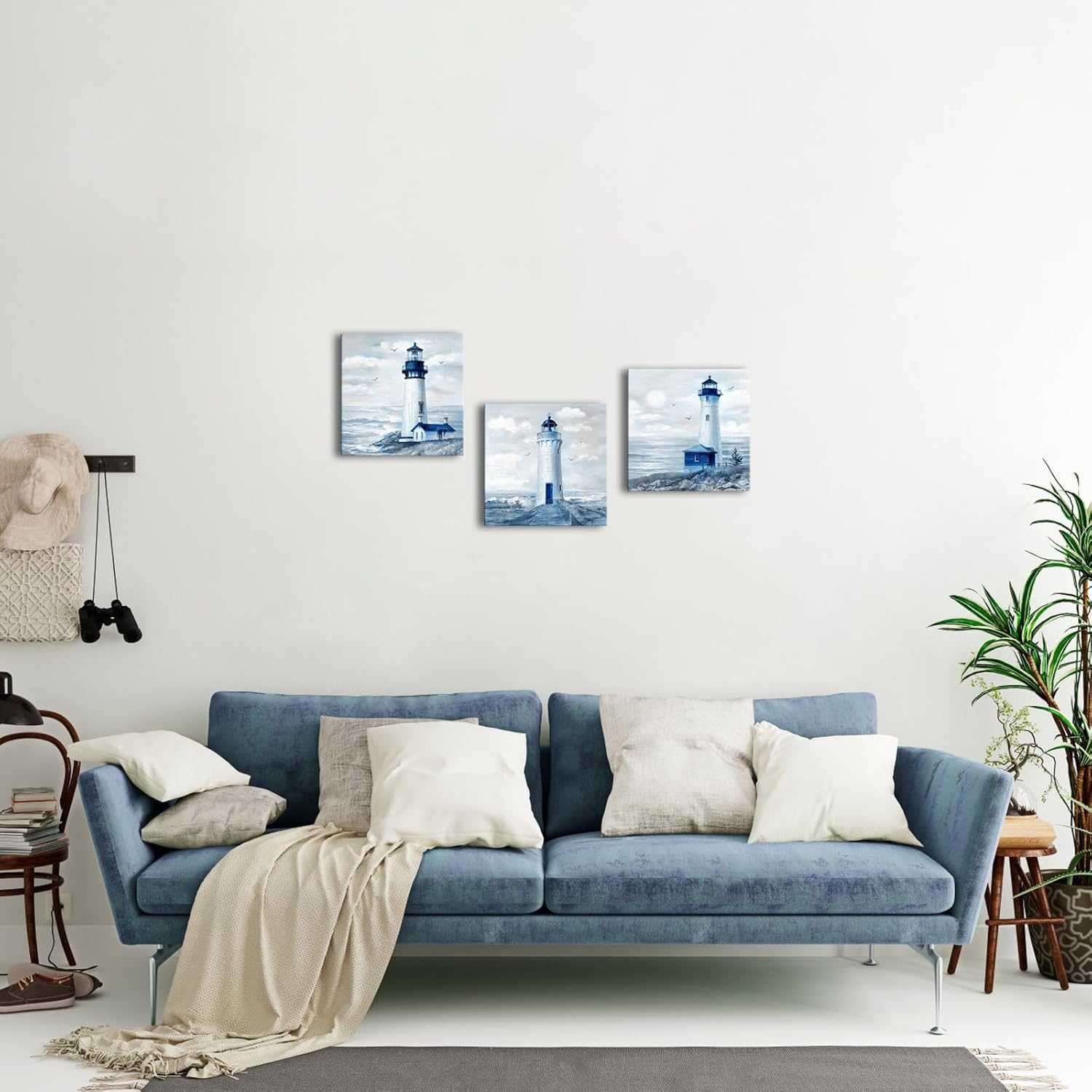 Visual Art Decor Lighthouse Decor Ocean Nautical Painting Blue Bathroom Wall Decor Lighthouse Pictures Framed Artwork for Walls
