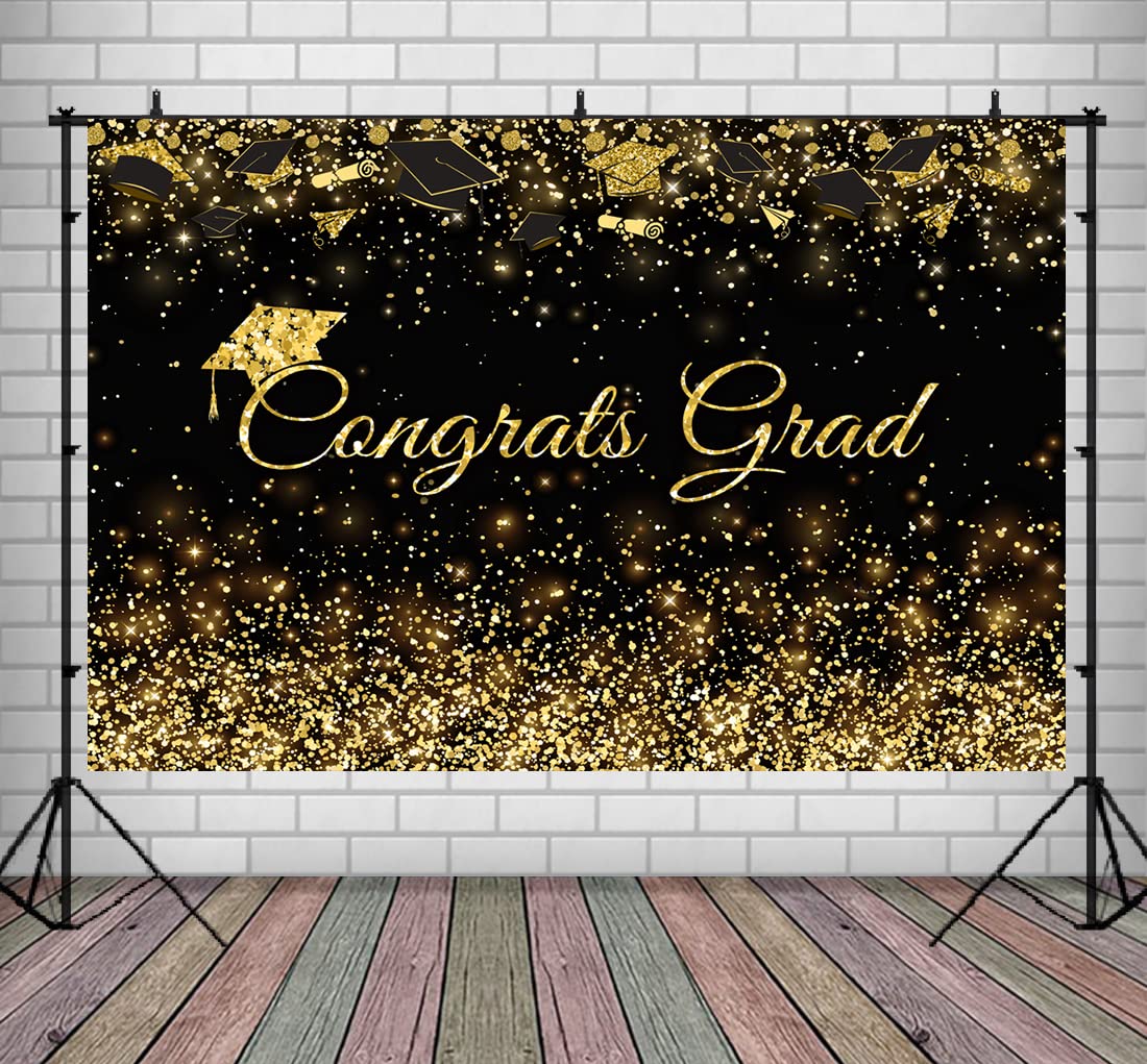 Photo 1 of Lofaris Class of 2026 Congrats Grad Black Golden Glitter Photography Backdrop Congratulate Gold Graduation Cap Celebration Prom Party Background Cake Table Banner Photo Booth Props 9x6ft