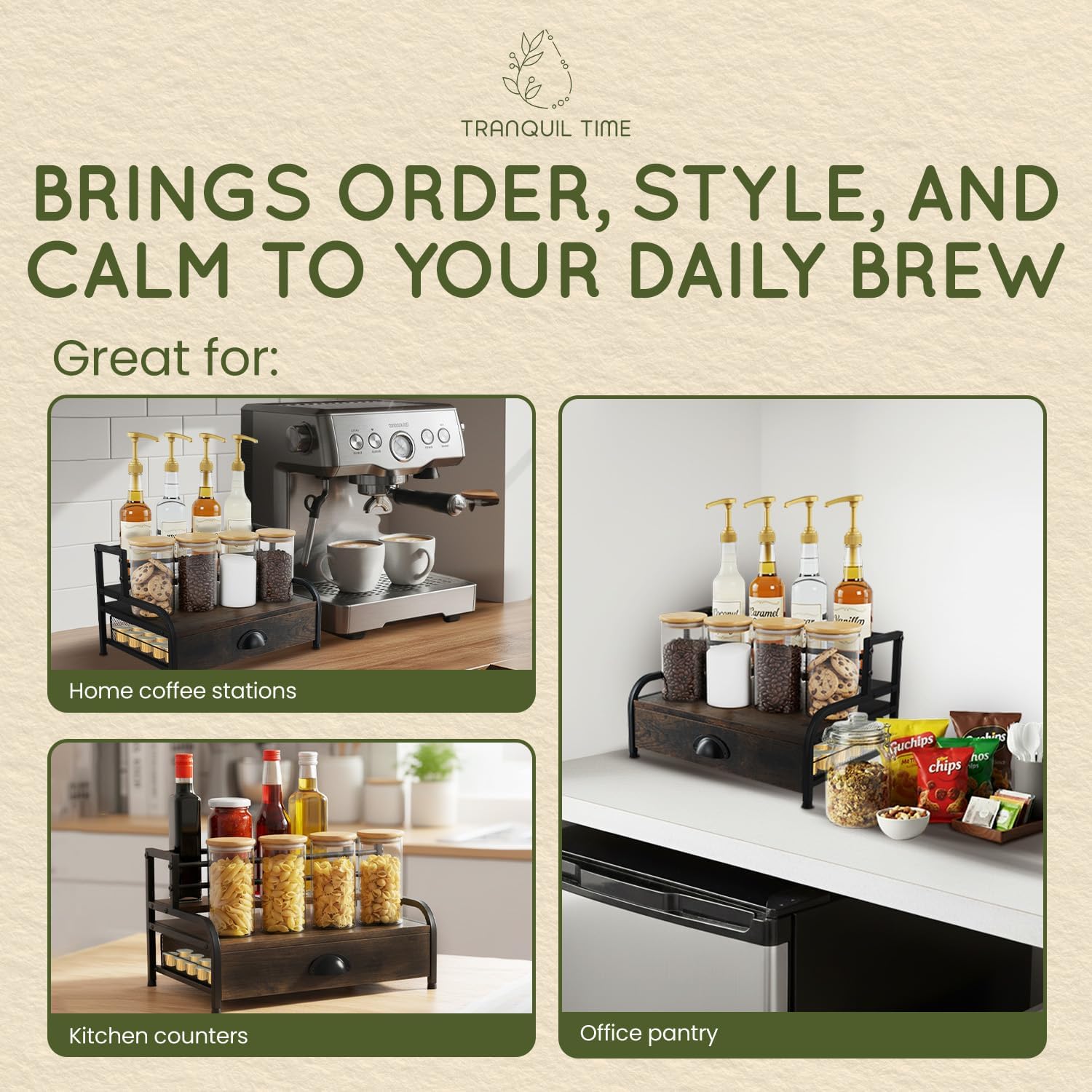 Coffee Syrup Rack Organizer – 3-Tier Coffee Bar Stand for Countertop, Rustic Wood & Metal Bottle Display Shelf with Coffee Pod Drawer, Wine Rack, Liquor Display Shelf for Home Coffee Station