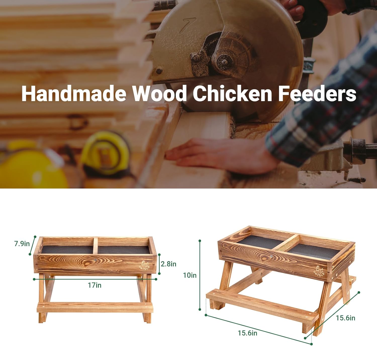 Chicken Feeders with Picnic Table, Handmade Carbonized Wooden Chicken Coop Accessories, Chicken Feeder No Waste, Mesh Bottom Keeps Food Fresh and Dry for Wild Birds, Ducks & Squirrels