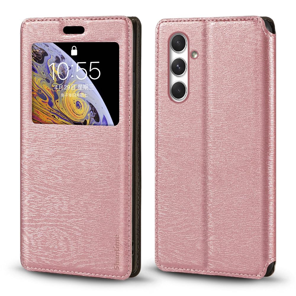 Viewable Window Leather Flip Case Compatible with Samsung Galaxy A55 5G, Elegant Design Clear Display Invisible Magnetic Cover and Card Slot(Rose Gold)