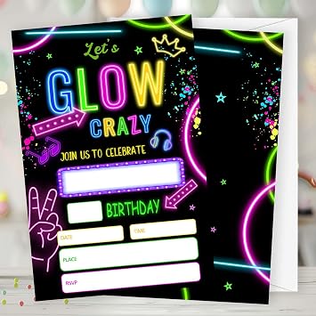 Lets Glow Crazy Birthday Invitations, 20 Invitation Cards with Envelopes, Retro Neon Theme Invites for Party Decorations Favor Supplies - A27