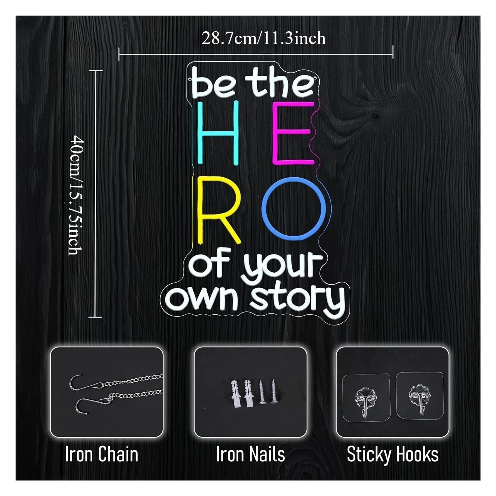 Insegna al Neon Insegna Al Neon A LED"Be The Hero Of Your Own Story" | Decorazione Murale Estetica Per Camera Da Letto, Ufficio, Palestra, Dormitorio, 40x28.7cm