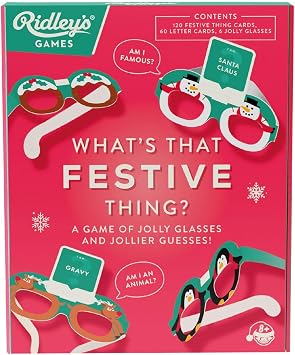 Ridleys Games Whats That Festive Thing? Holiday Party Card Game with 120 Festive Cards, 60 Letter Cards & Card-Holder Glasses Family Game Night, Ages 8+, 26 Players