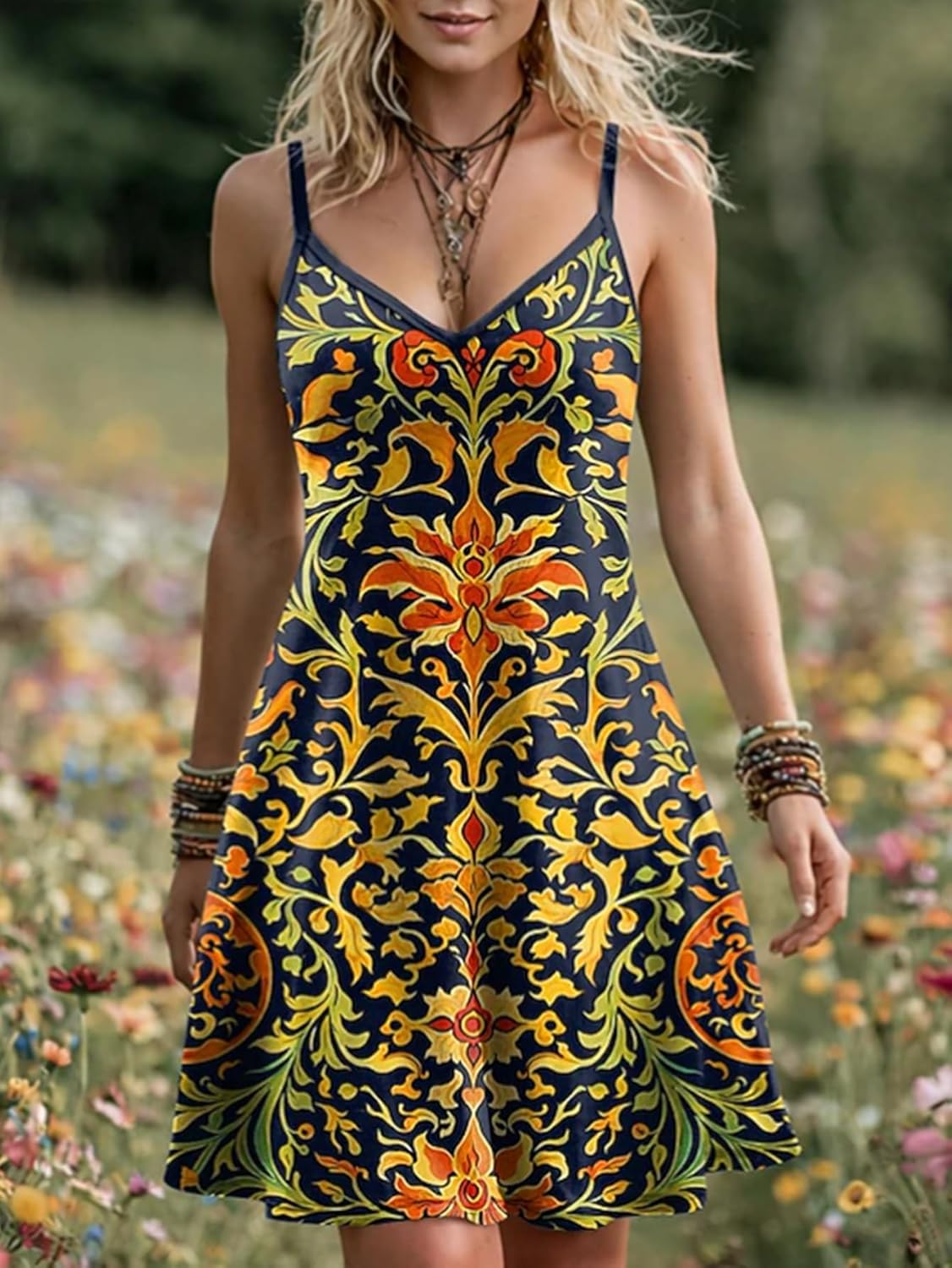 Women's 2026 Black Gold Retro Print V-Neck Spaghetti Strap Midi Dress, Boho Cinched Waist Casual Dress for Vacation Party