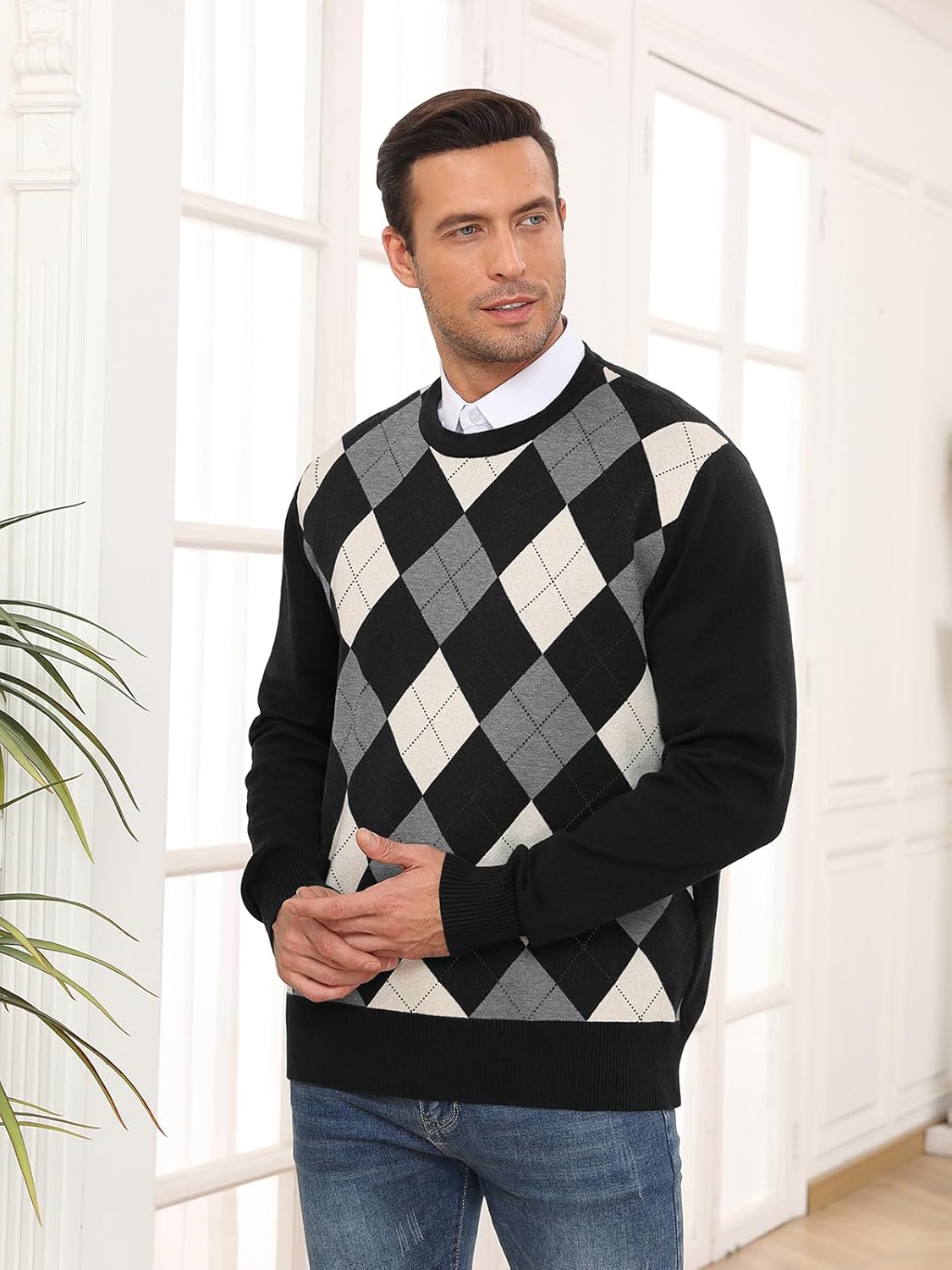 RQP Men's Crewneck Sweater Slim Fit Argyle Pattern Long Sleeve Knit Pullover Sweater for Casual Or Dressy Wear - Image 2
