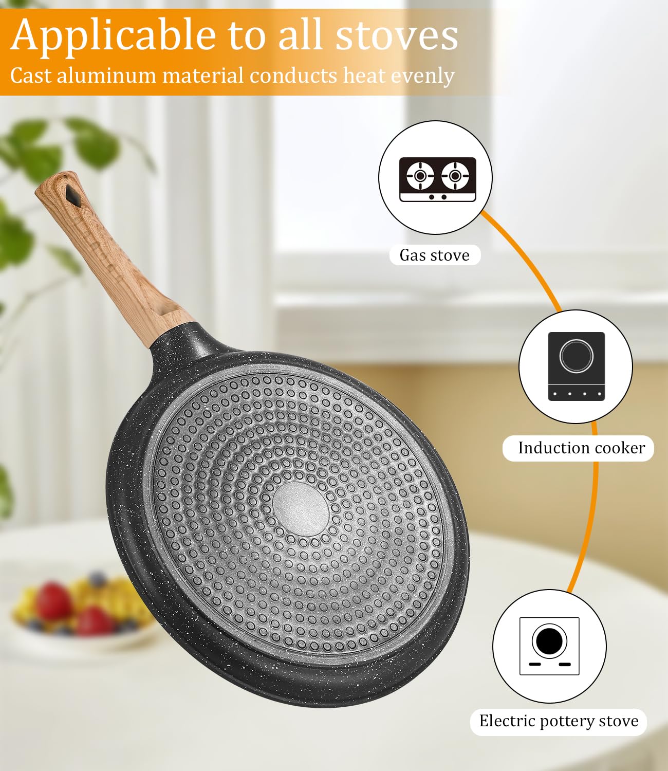 Padella crepes antiaderente nera 28 cm con rivestimento antiaderente in granito svizzero, manico in bachelite, compatibile EMC, senza PFOA