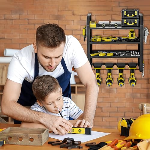 Miniatura 8 de Nidouillet Organizador de herramientas eléctricas, soporte de pared para taladro de 4 capas, estante de almacenamiento de herramientas eléctricas