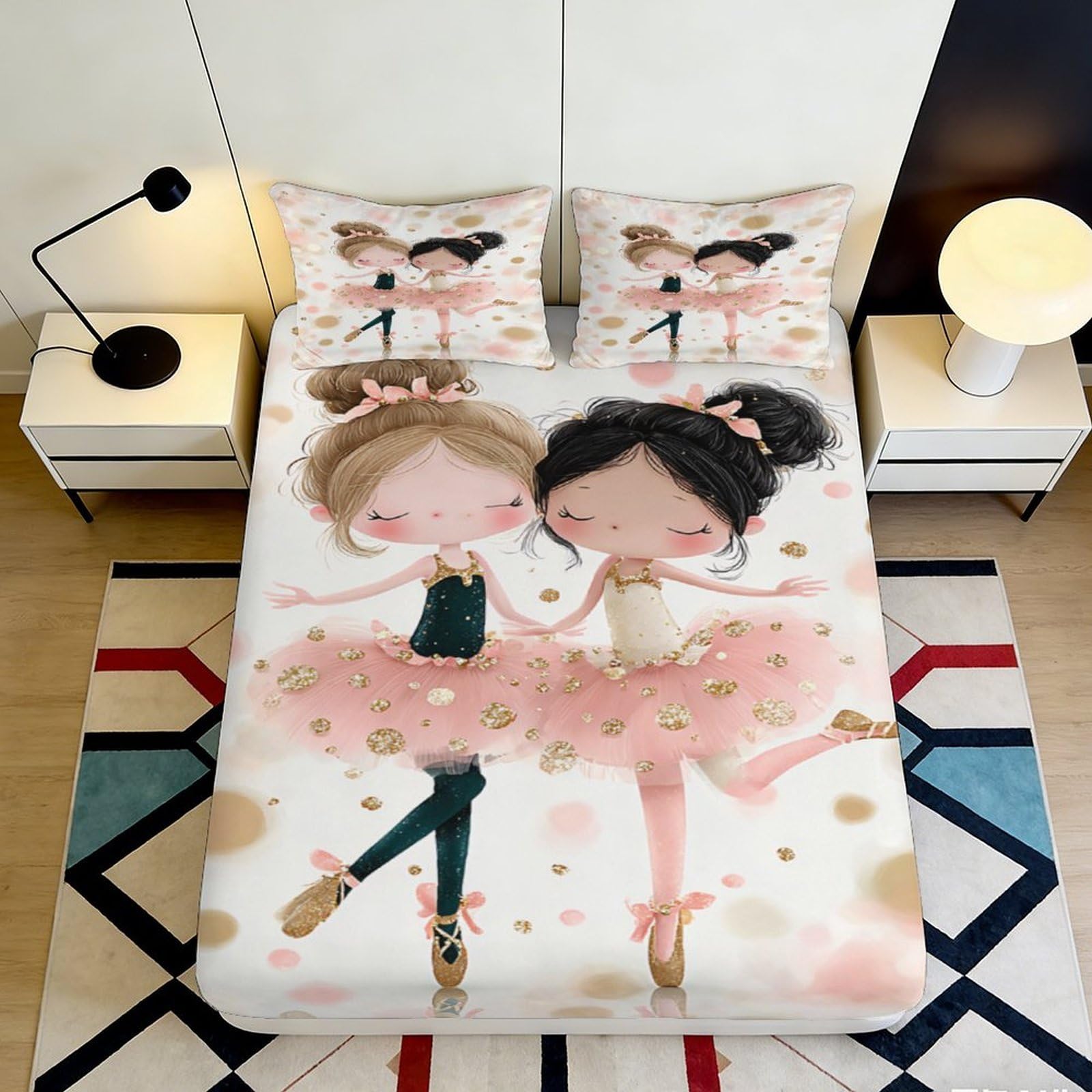 3D Printed Ballet Dancer Fitted Sheet Microfiber Soft Pink Girl Cartoon Mattress Cover for Bedroom Dorm Decorative Protection 90x200x25cm
