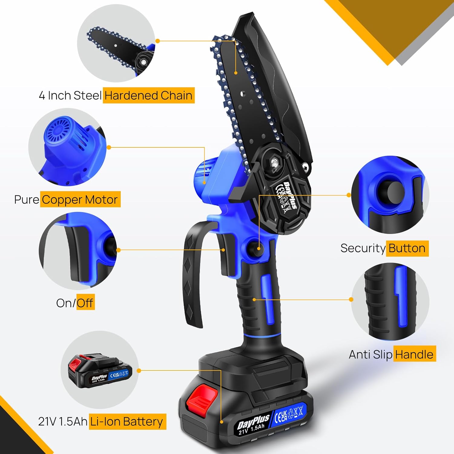 Diagram of the EFAN Mini Chainsaw with labeled parts: 4 Inch Steel Hardened Chain, Pure Copper Motor, On/Off switch, Security Button, Anti-Slip Handle, and 21V 1.5Ah Li-Ion Battery.