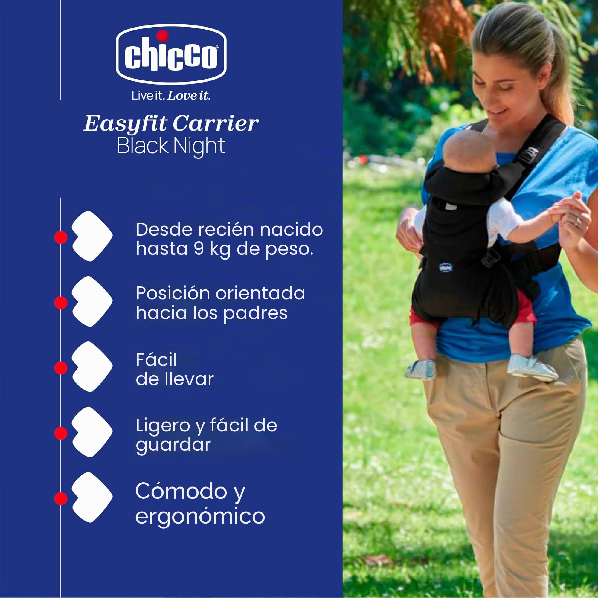 Chicco EasyFit Portabebés Ergonómico de 0 Meses a 9 kg, Mochila Bebé Fácil de Usar para Llevar el Bebé Mirando hacia los Padres, Mochila Portabebés con Sujeción para Cabeza y Cuello, Negro (Black)