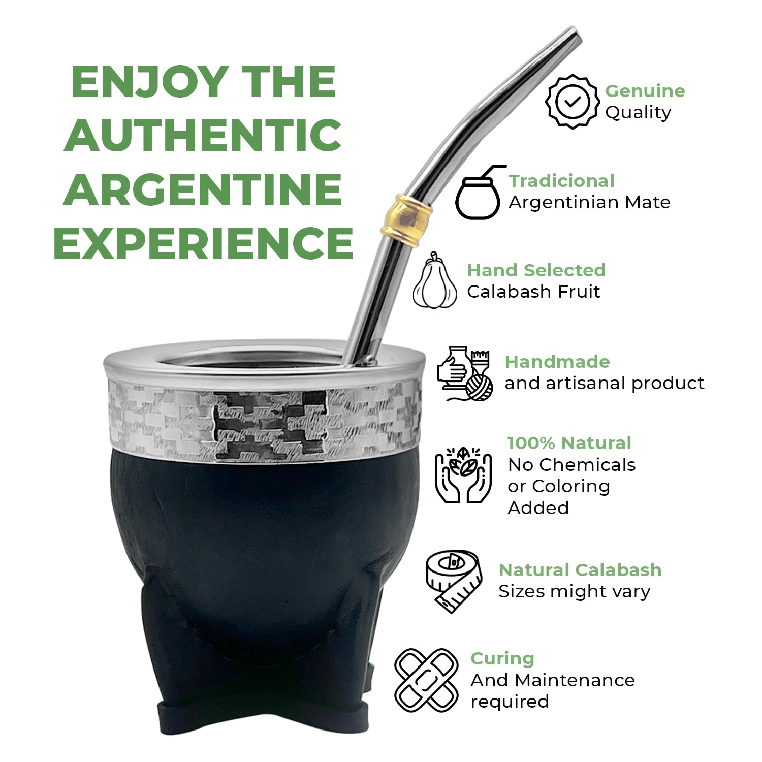 Premium Argentina-Uruguay Yerba Mate Cup and Bombilla Set, Organic Gourd Tea Mug with Steel Straw (Bombilla) and Cleaning Brush, Handcrafted for Loose Leaf Yerba Mate Tea - Imperial Version - Image 5