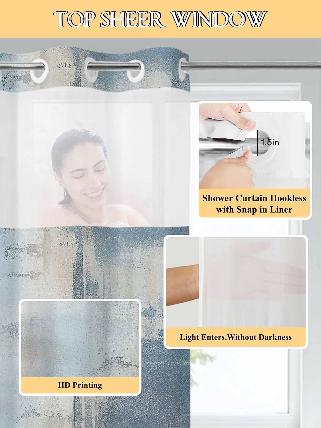 No Hook Shower Curtain with Snap in Liner Blue Abstract Painting Shower Curtain Sets Modern Art Texture Fabric Liner Set See Through Top Waterproof Curtains for Bathroom 72" W x 78" L