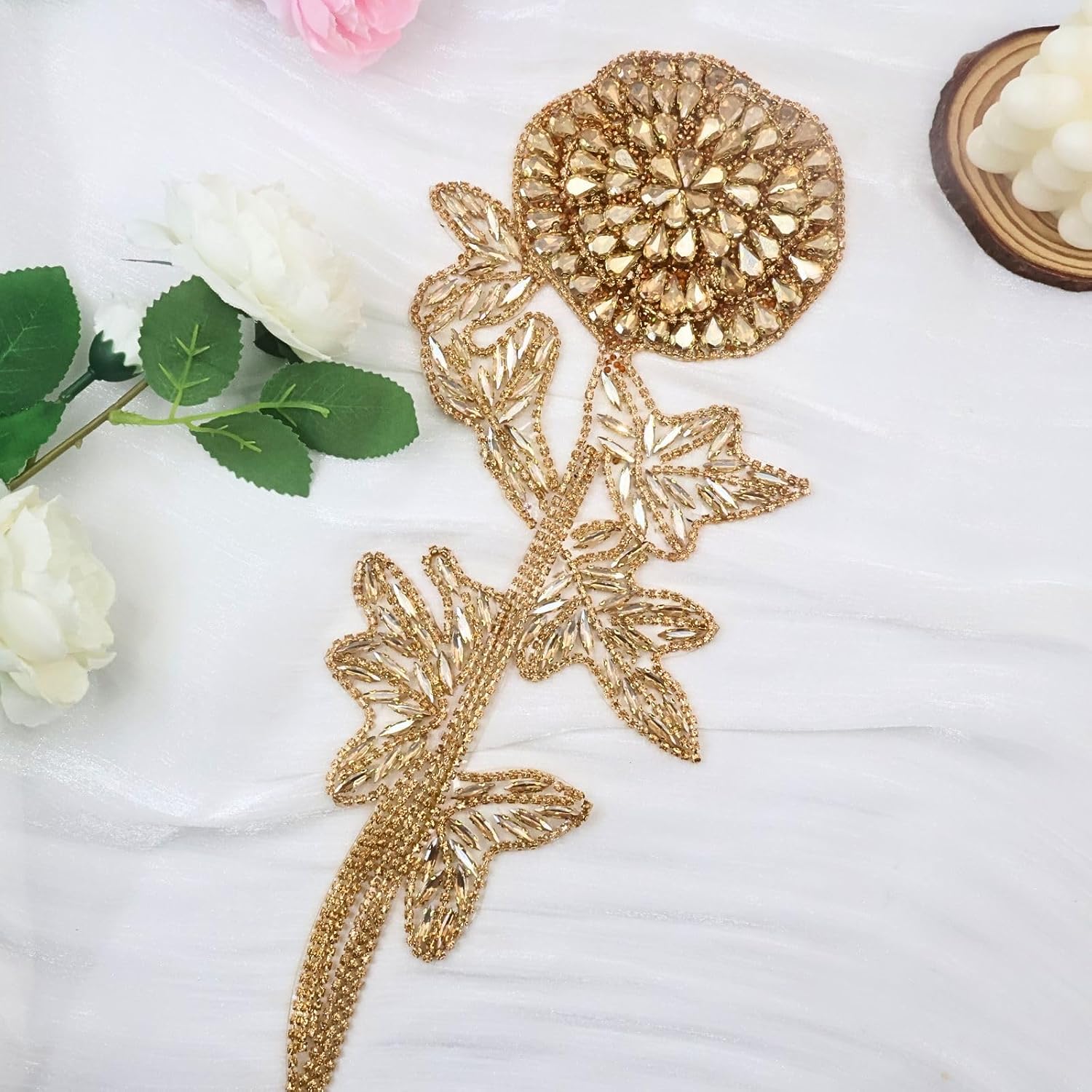 Bijou Joon 1 Pc Gold Champagne Self Adhesive Rhinestone Applique Flower Crystal Applique Rhinestone Patches Apliques Sparkling Trim Iron Rose Handmade DIY Patch for Clothes Dress Craft Embellishment