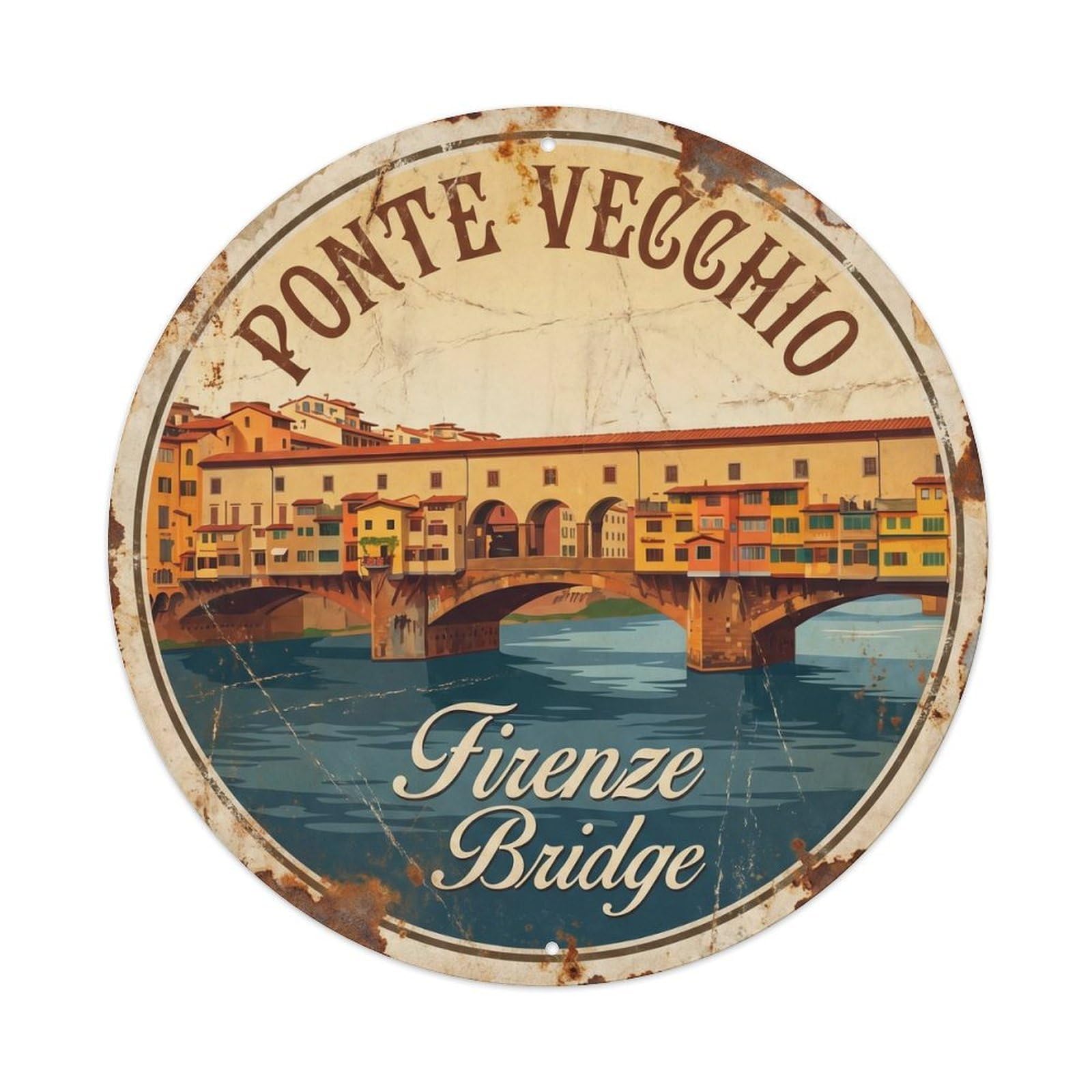 Vintage Travel Ponte Vecchio Florence 2 Metal Tin Sign Plaque Wall Decor for Cafe, Club, Garden Round Metal Poster 8x8Inch
