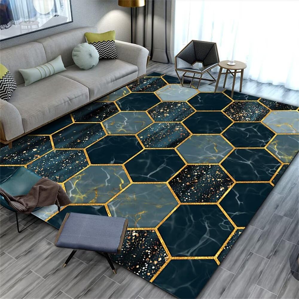 Tapis bureau XXL bleu 200x280cm au motif géométrique hexagonal pour grand salon
