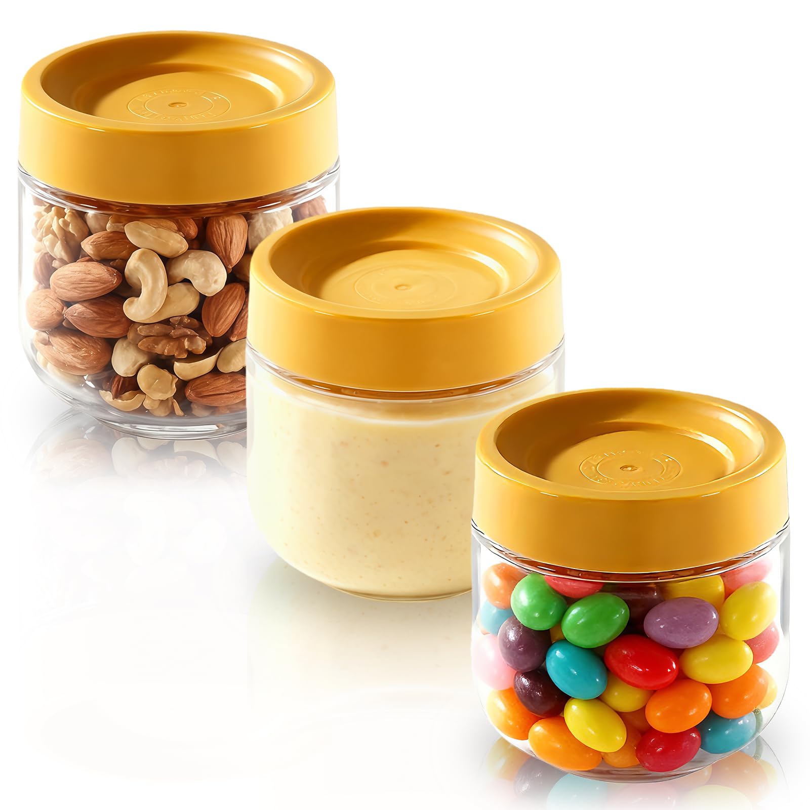 MEETOZ Glass Jars with Lids,Overnight Oats Containers with Screw Lid,Reusable Small Mason jars for Food Spice Fruit Sauce Cereal Snacks Storage (3 pack 10oz Yellow)