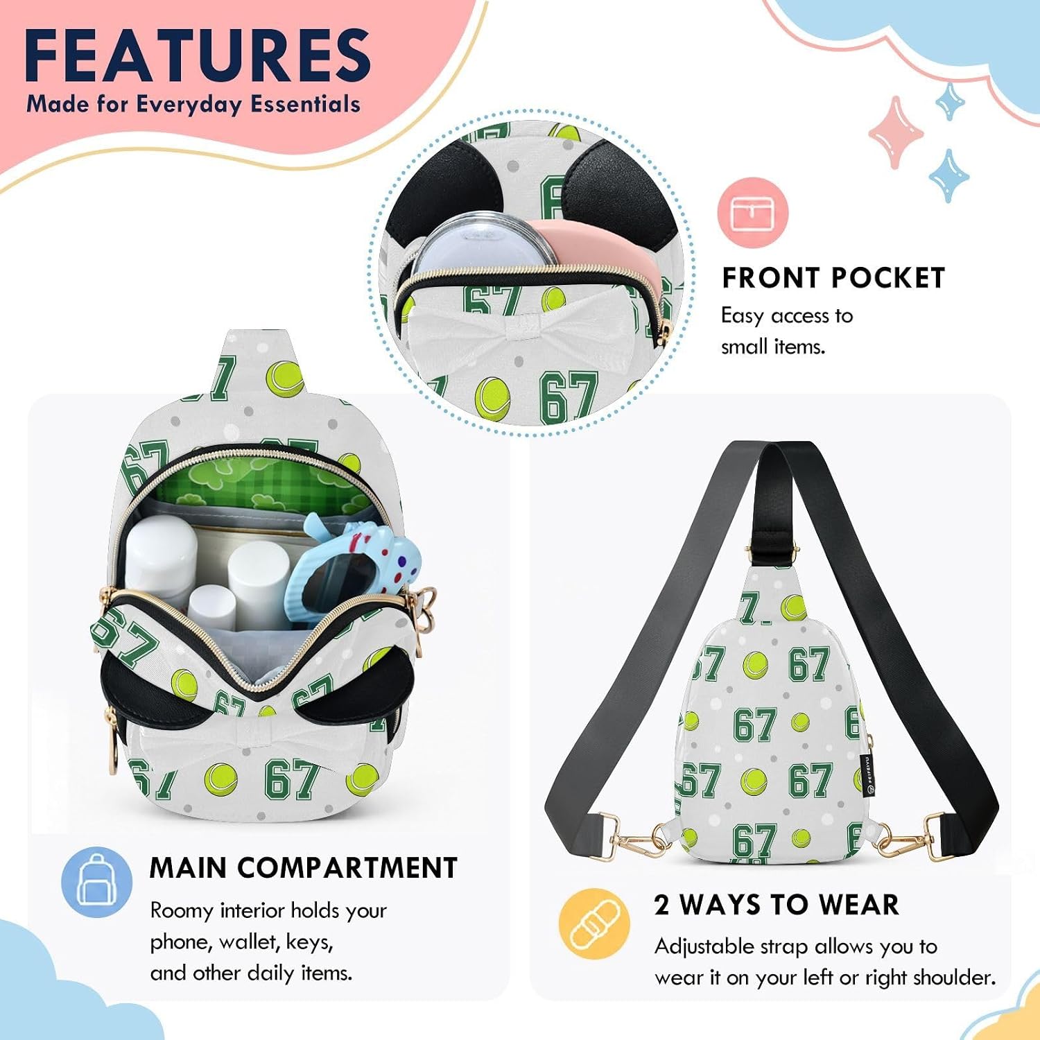 Sinestour Six Seven Kids Crossbody Bags for Girls, 3.1"x5.7"x7.5" | Crossbody Fanny Pack, Toddler Purse, Cute Sling Belt Bag with Ears, 2L Small Shoulder Chest Bag for Travel