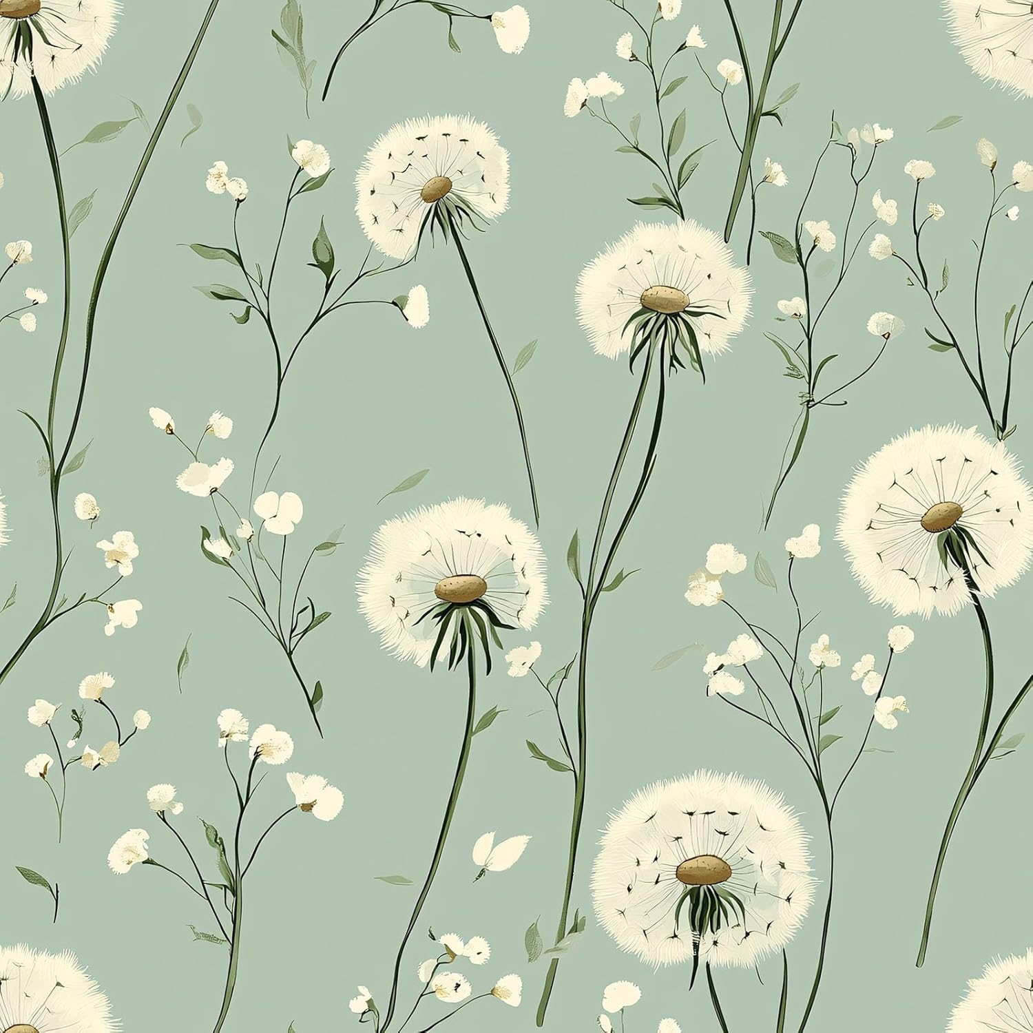 Dandelion Floral Peel and Stick Wallpaper Green Self Adhesive Removable Vinyl Wallpaper Botanical Floral Watercolor Boho Accent Wall for Bedroom Living Room Nursery 17.7" X 118"