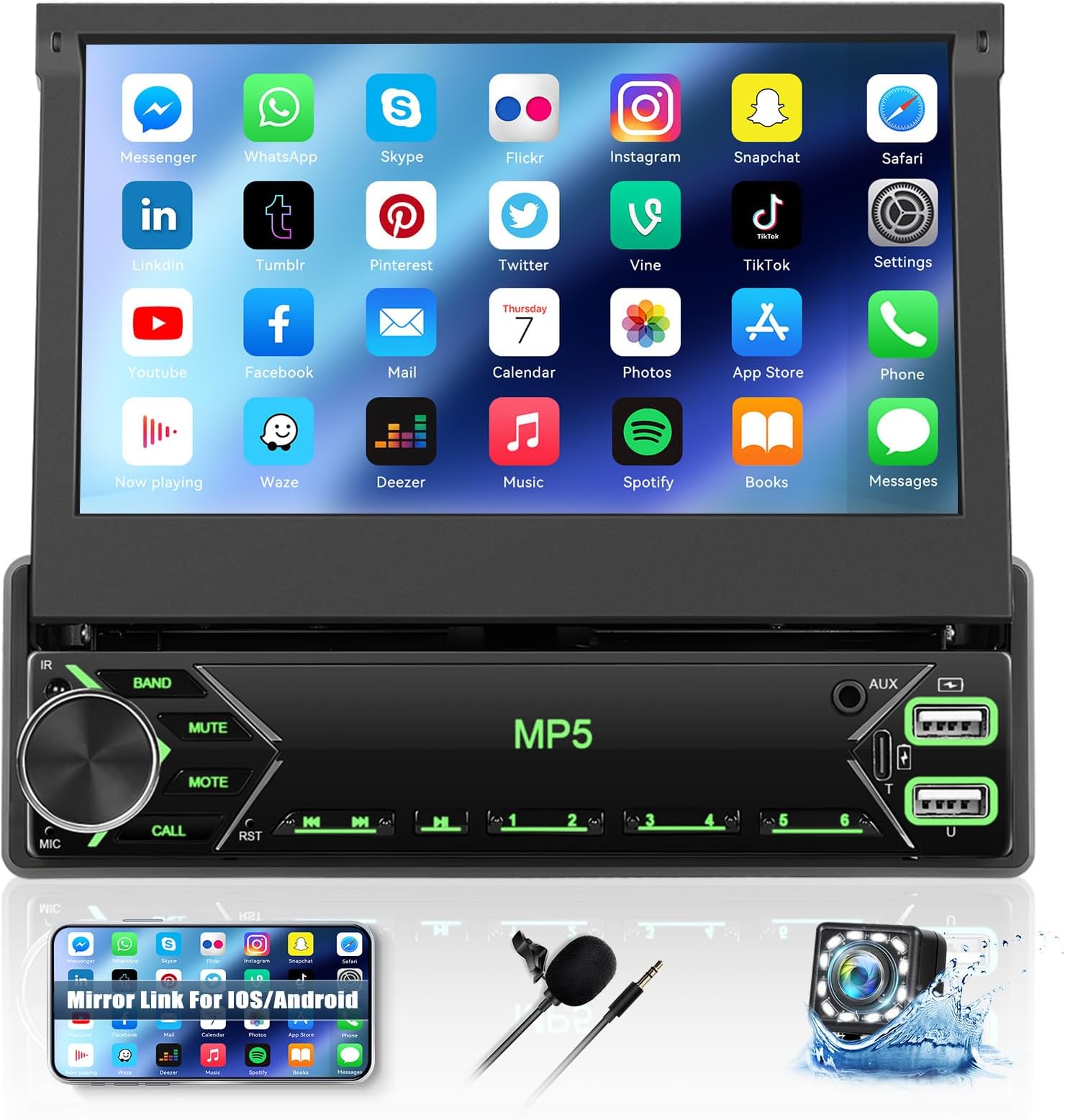AMprime Single Din Touchscreen Car Stereo 7 Inch Flip Out Screen Car Radio in Dash Head Unit Support Bluetooth FM Radio Mirror Link Car Audio with USB/TF/AUX-in SWC +Backup Camera+Microphone