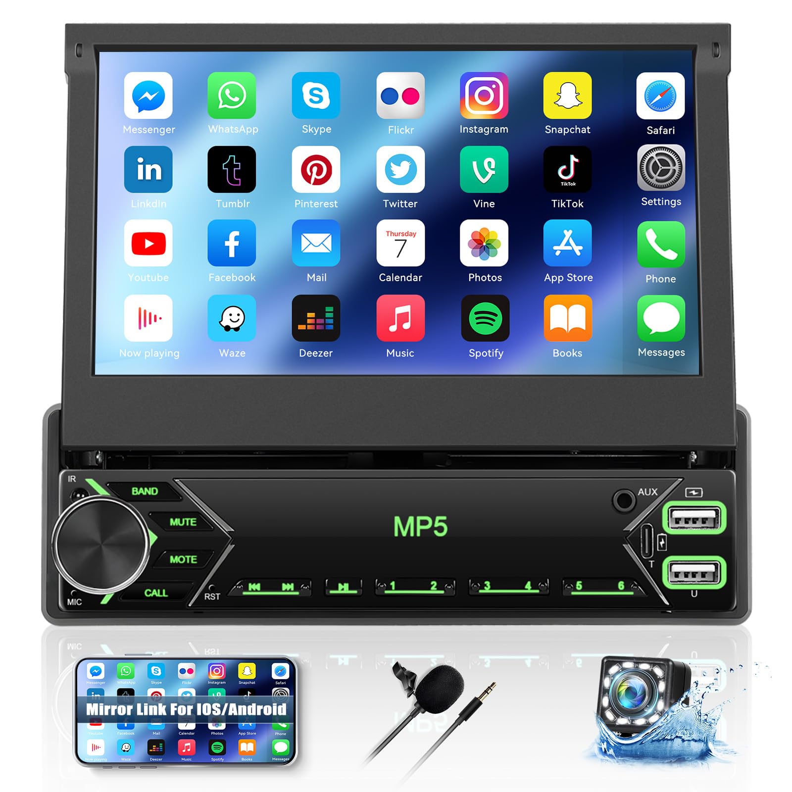 AMprime Single Din Touchscreen Car Stereo 7 Inch Flip Out Screen Car Radio in Dash Head Unit Support Bluetooth FM Radio Mirror Link Car Audio with USB/TF/AUX-in SWC +Backup Camera+Microphone