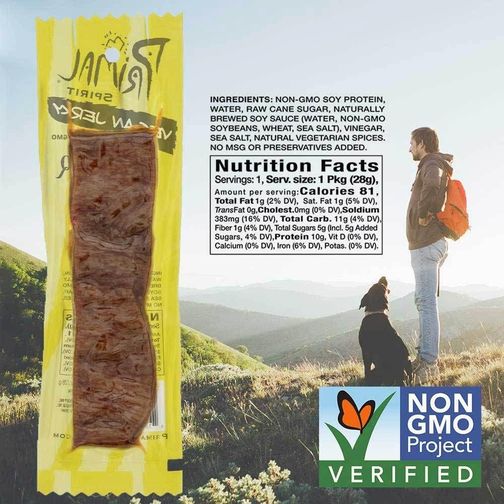 Primal Spirit Vegan Jerky – “Classic Flavor” – Texas BBQ, 10 g. Plant Based Protein, Certified Non-GMO, No Preservatives, Sports Friendly Packaging (24 Pack, 1 oz)