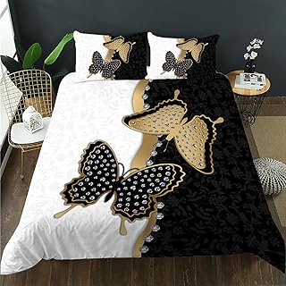 AILONEN Butterfly Duvet Cover Set Twin Size, Black & White Comforter Cover Set for Kids Girls,Diamond Butterflies Gold Luxury Bedding Sets for Women Room Decor, 1 Quilt Cover and 2 Pillowcases,3PCS