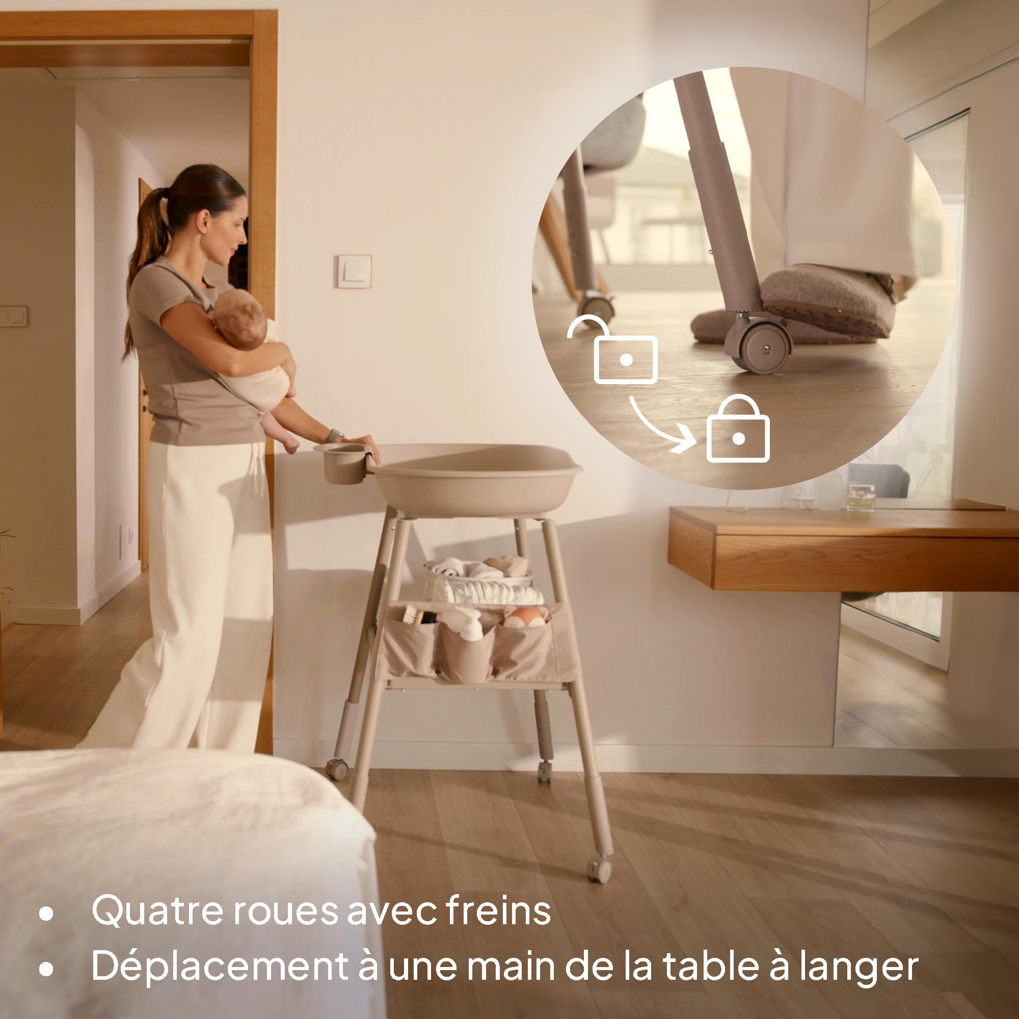 LIONELO Rosie table à langer bébé, mobile sur roulettes, matelas à langer imperméable, hauteur réglable, rangements pour accessoires, bol d’eau, étagère à couches