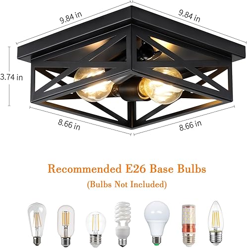 Miniatura 6 de Lámpara de techo de metal rústico negro de montaje empotrado, 2 luces industriales de granja, luces de pasillo de granja, jaula de metal cerrada al