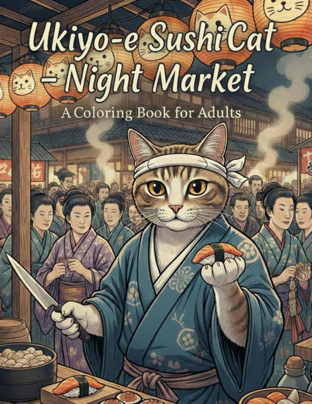 Ukiyo-e Sushi Cat－Night Market Coloring Book for Adults: Traditional Japanese Art Inspired by Edo-Era Night Markets