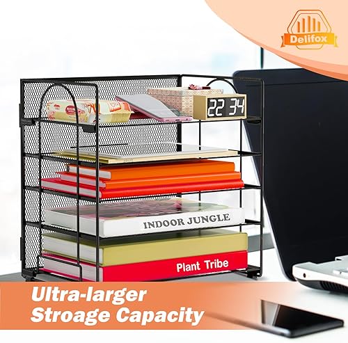 Miniatura 6 de Delifox Paquete de 2 bandejas de papel de 5 niveles, organizador de archivos de escritorio, soporte de archivos de malla, almacenamiento de