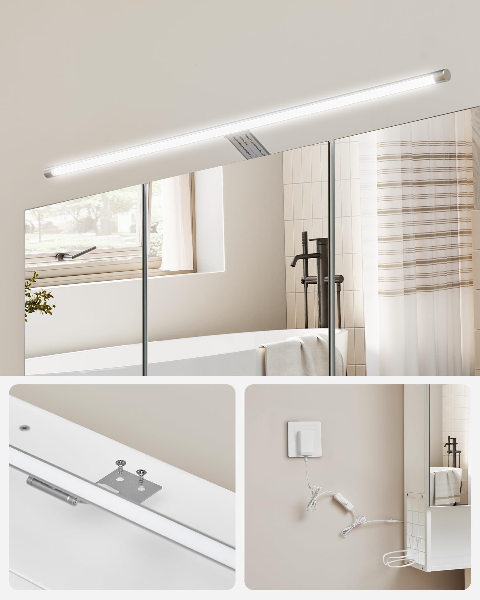 VASAGLE Armadietto da Bagno con Luce LED, 14,5 x 70 x 70 cm, Spina, Cestino Pensile, Porta Asciugacapelli, Mobile a Parete con Specchio, Bianco Nuvola BBK124W14
