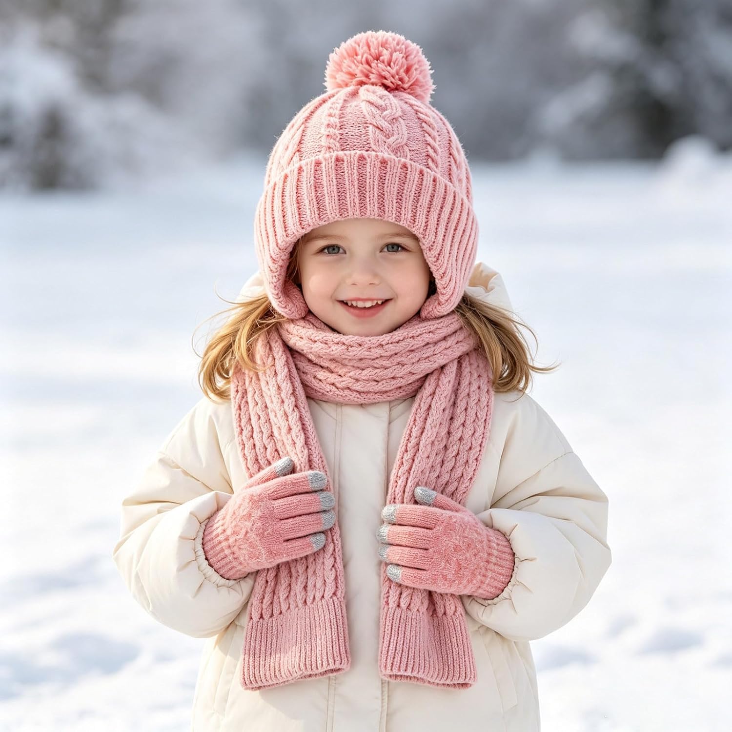 Girls Winter Knit Hat Long Scarf Hand Warmers 3 Piece Set