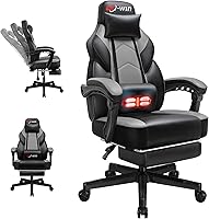 Big & Tall Gaming Chair with Footrest, Massage Lumbar Support, High Back - 250lb Capacity Grey PC Chair