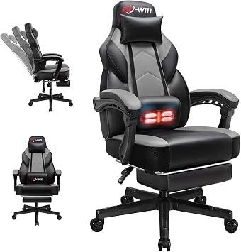 DL-win Gaming Chairs for Adults, Computer Chair with Footrest and High Back, Big and Tall Gamer Chairs with Massage Lumbar Support, 360 Swivel Height Adjustable Gaming Chair, Grey